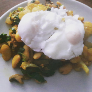 cauli curry and poached eggs