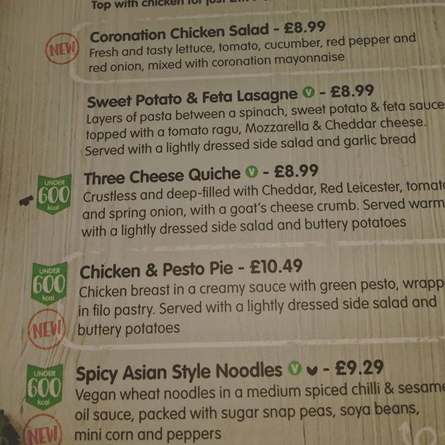 Why do menus only show the calories for #lowercalorie #lighteroptions ? Who knew quiche was still popular! But hey -there’s a #vegan dish! #food #eatingout #menus #suitableforvegans #600calories #selectivelabeling #whatwouldyouchoose #menu  #diningout #restaurant #teatime #dinnertime #eveningmeal #quiche #retro #80sfood